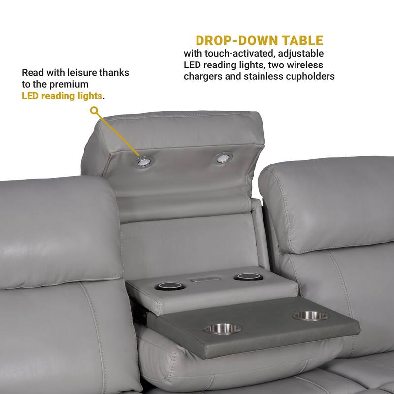 Rosalyn 87" Zero Gravity Silver and Gray Leather Power Reclining Sofa with Dropdown Console