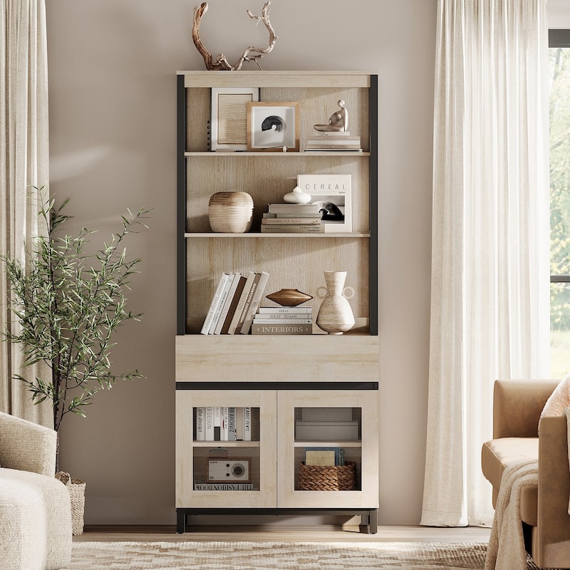 Modern 72" Tall Bookcase with Drawer and Open Book Shelfs for Home Office, Living room.