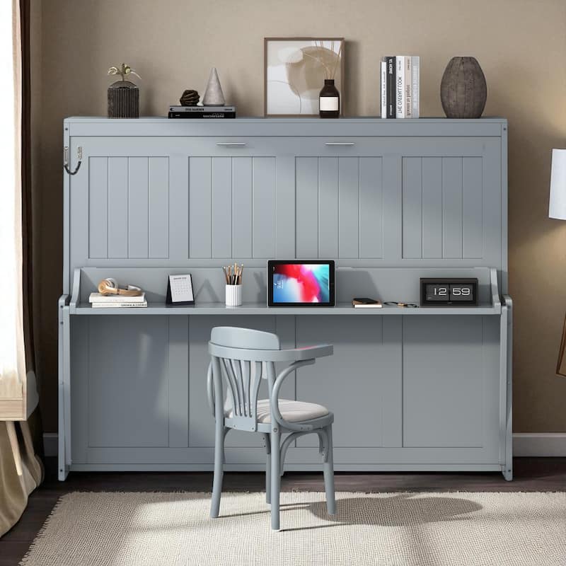 Full/Queen Murphy Wall Bed with Desk, Hydraulic Lift, 600 lb Capacity, 10 in Mattress, Space-Saving Home Office - Grey - Full