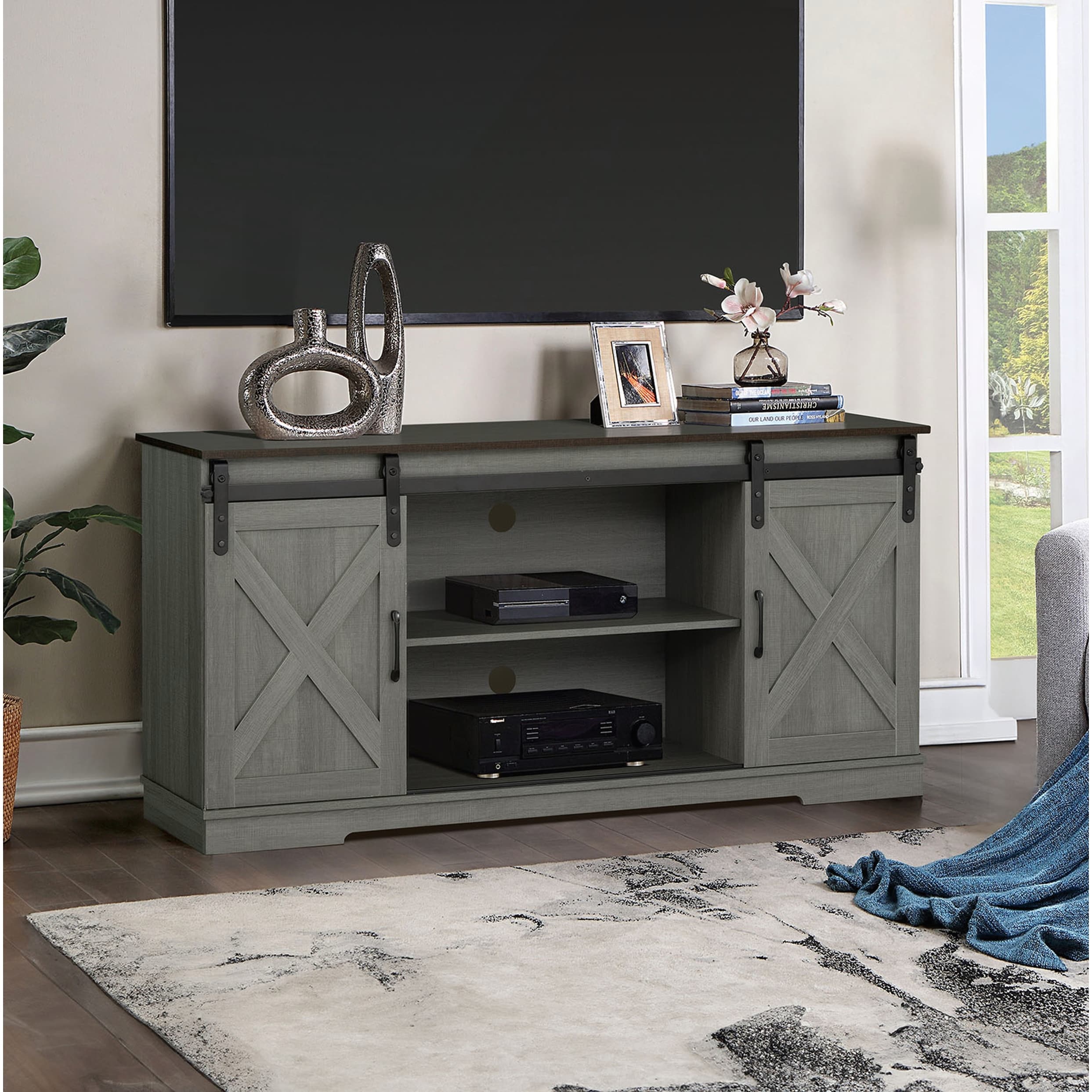 Rustic Farmhouse Style TV Stand with Sliding Drawer Doors and Black Metal Accents for Modern Living Rooms