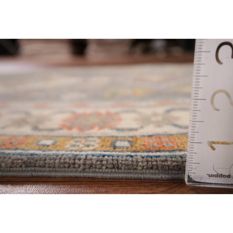 Grey Geometric Kazak Runner Rug Handmade Wool Carpet - 2'10" x 9'10"