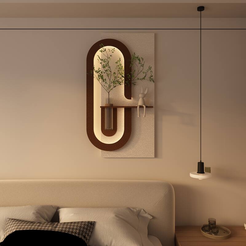 Adjustable 3-Color LED Sandstone Wall Decor with Simulated Green Plants - 3D Art Sculpture, Glass Vase & Rabbit Statue