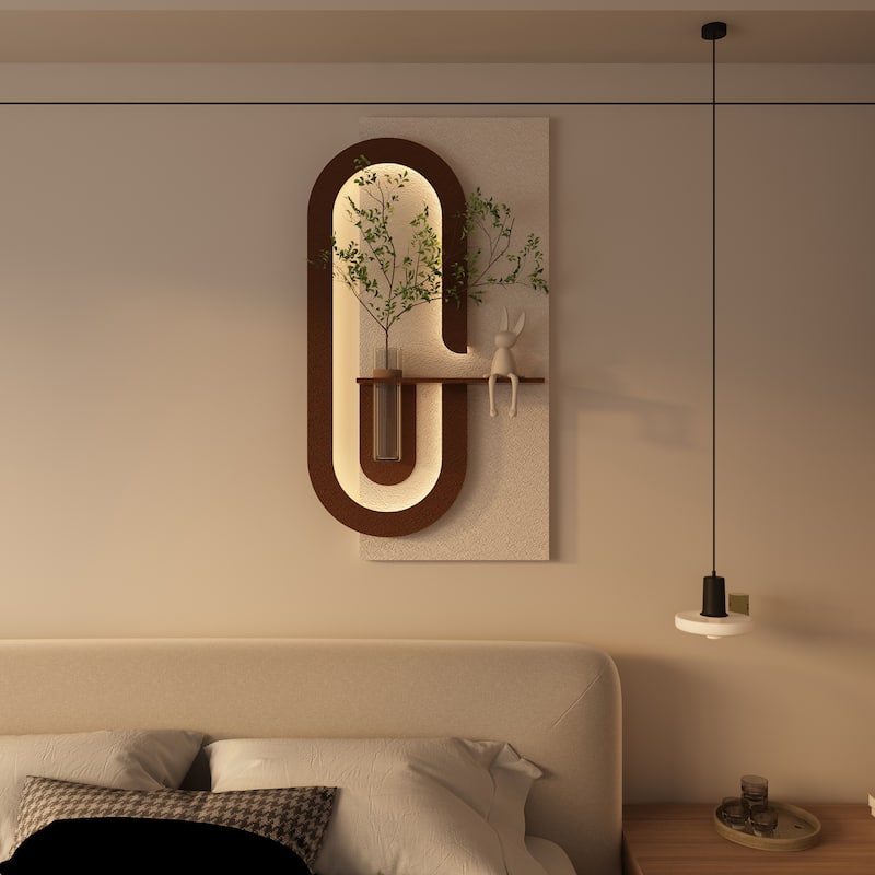 Roomfitters LED Sandstone Wall Art with 3D Vase, 3 Color Light Strip & Fake Rabbit Statue for Living Room, Light Coffee - Light Coffee - 23.62 inch x 47.24 inch x 4.72 inch