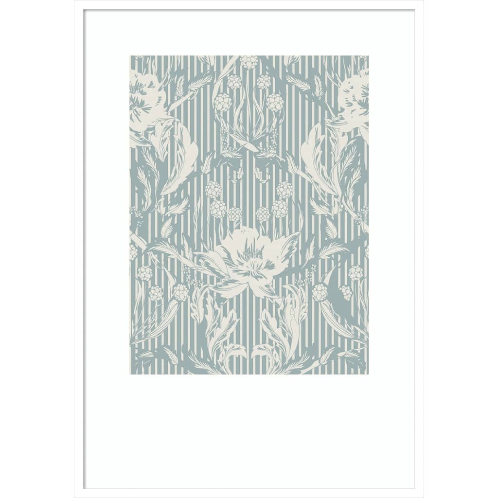 Floral Heritage Morris monochrome stripes chalky blue pattern by Annick Wood Framed Wall Art Print
