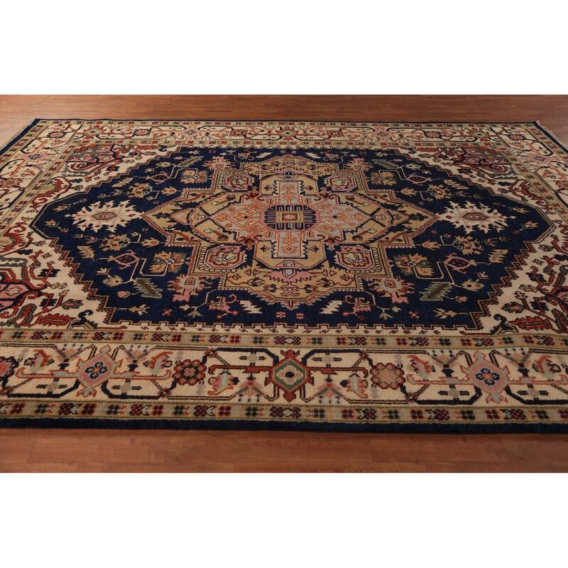 Blue Geometric Heriz Serapi Indian Area Rug Handmade Wool Carpet - 8'9"x 11'11"