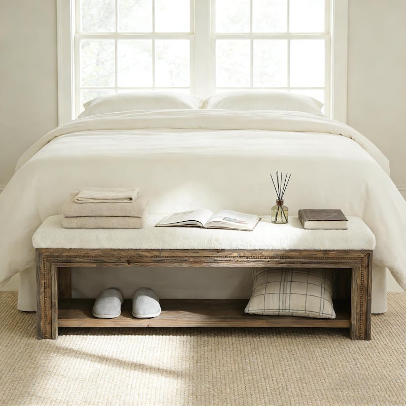 55.12" Wooden Upholstered Bed Bench with Storage, Rustic Wood End Of Bed Bench with Teddy Fleece Cushion for Bedroom