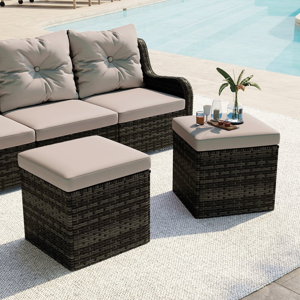 2 Set 17.7" W Outdoor Rattan Patio Square Ottoman with Cushion