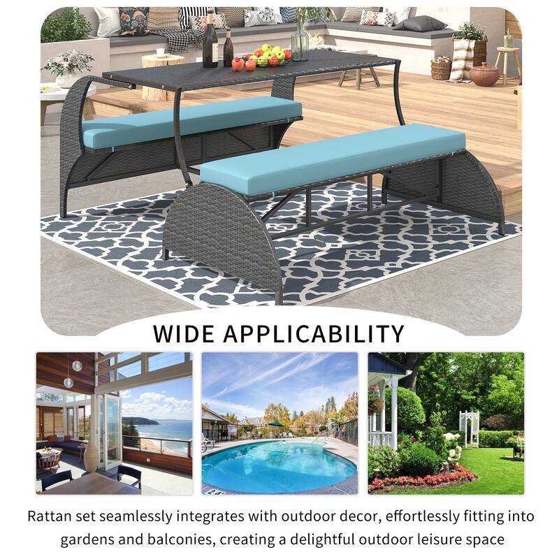 All Weather Outdoor Rattan Loveseat Sofa with Removable Cushions, Convertible to 4 Seats and Table