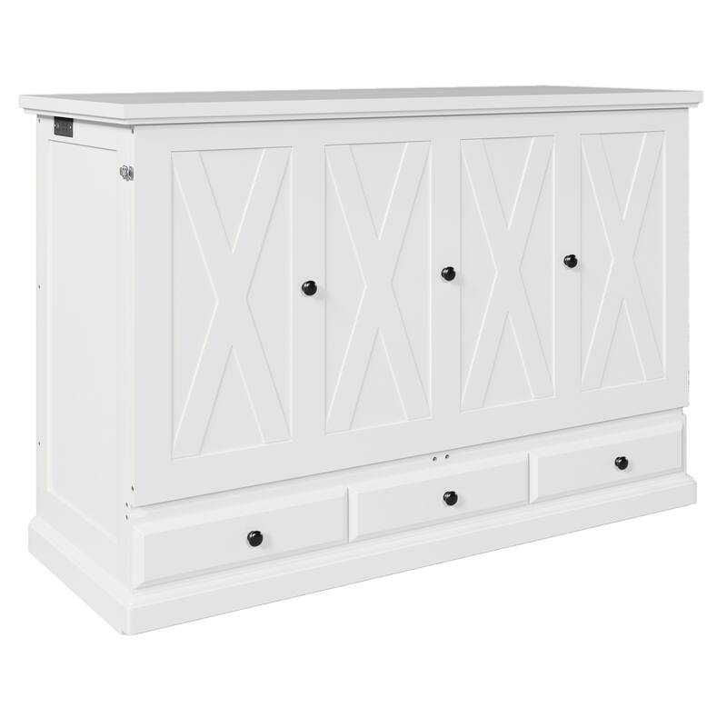 Solid Pine Murphy Bed Chest Cube Cabinet Bed with Charging Station and Large Storage Drawer for Home Office or Small Room