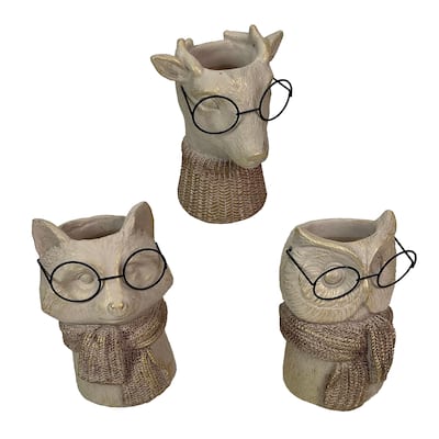 Set Of 3 Bespectacled Animal Vases Fox Owl Deer Gold Accent Knit