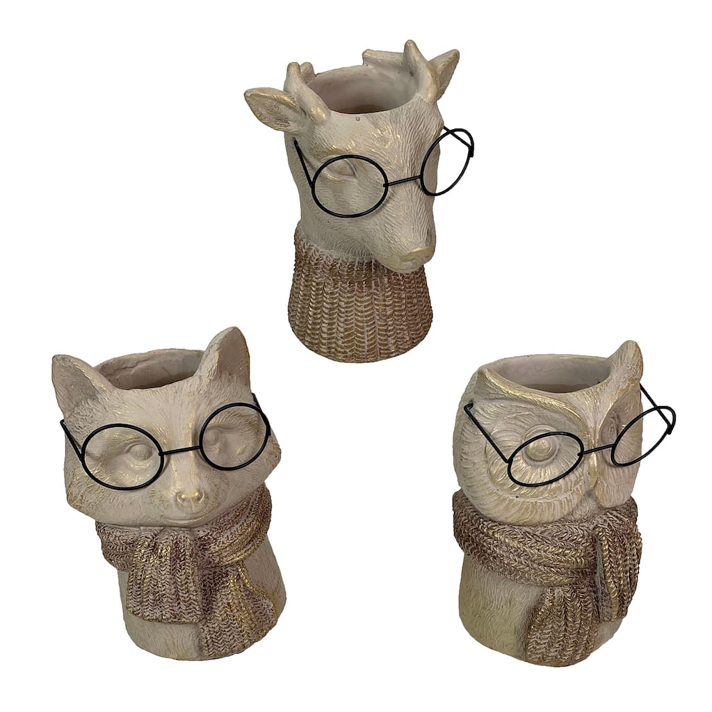 Set Of 3 Bespectacled Animal Vases Fox Owl Deer Gold Accent Knit