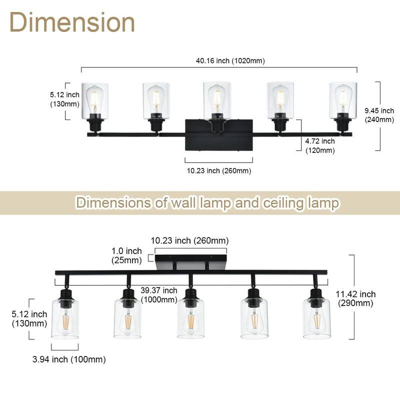 5-Light Vanity Light Bathroom Fixture with Clear Glass Shade, Rotating Metal Ceiling Spotlight Fixture with Track Heads