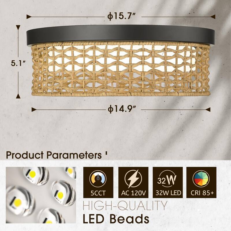 32W LED 15.7'' Rattan Flush Mount Ceiling Light 3000K/3500K/4000K/5100K/6500K