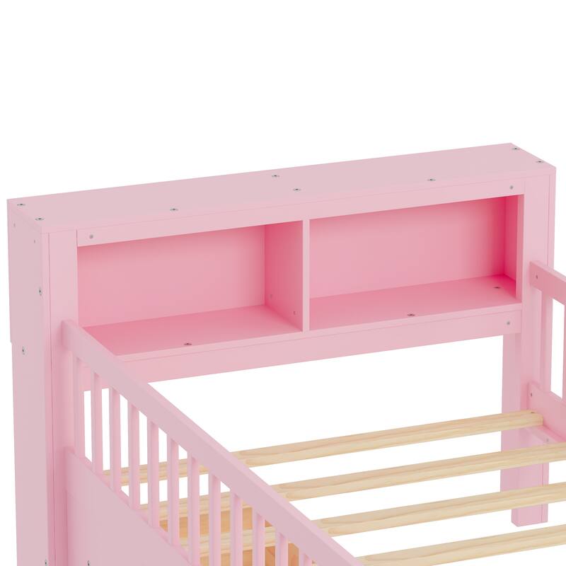 Safe Kids Bed Platform Bed Twin Size Wood Bed Frame with Storage Headboard and 2 Drawers Under, 3-Side Guardrails for Boys Girls