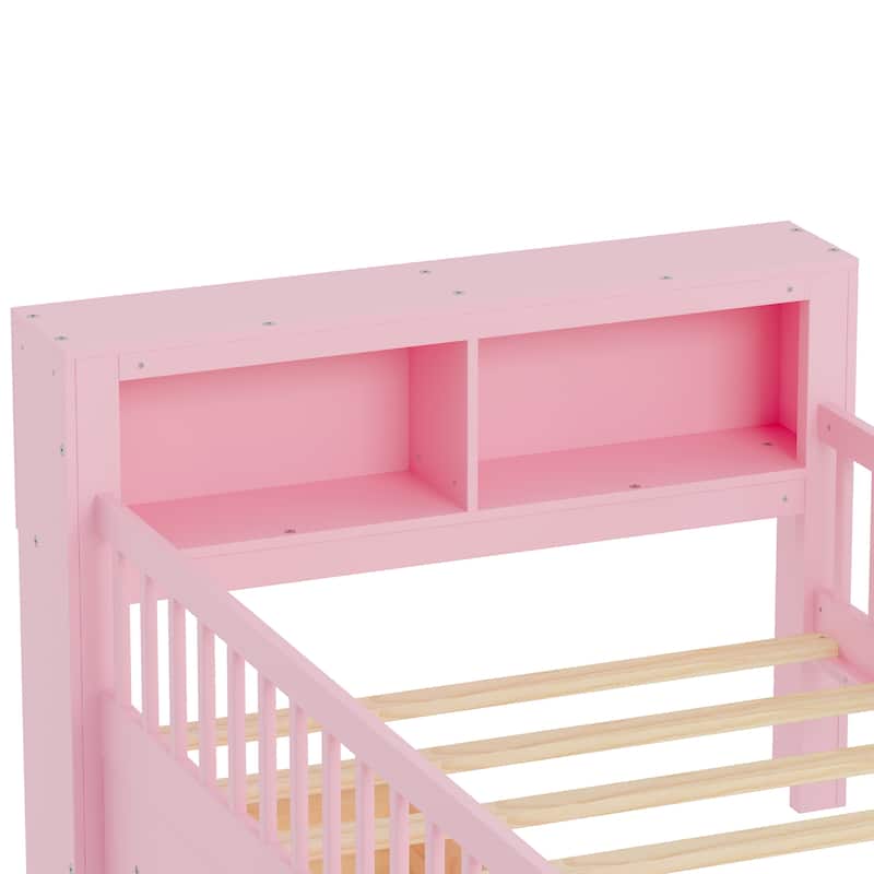 Twin Size Platform Bed with Built-In Headboard Shelves, Safety Guardrails & 2 Storage Drawers, Space-Saving Wood Frame