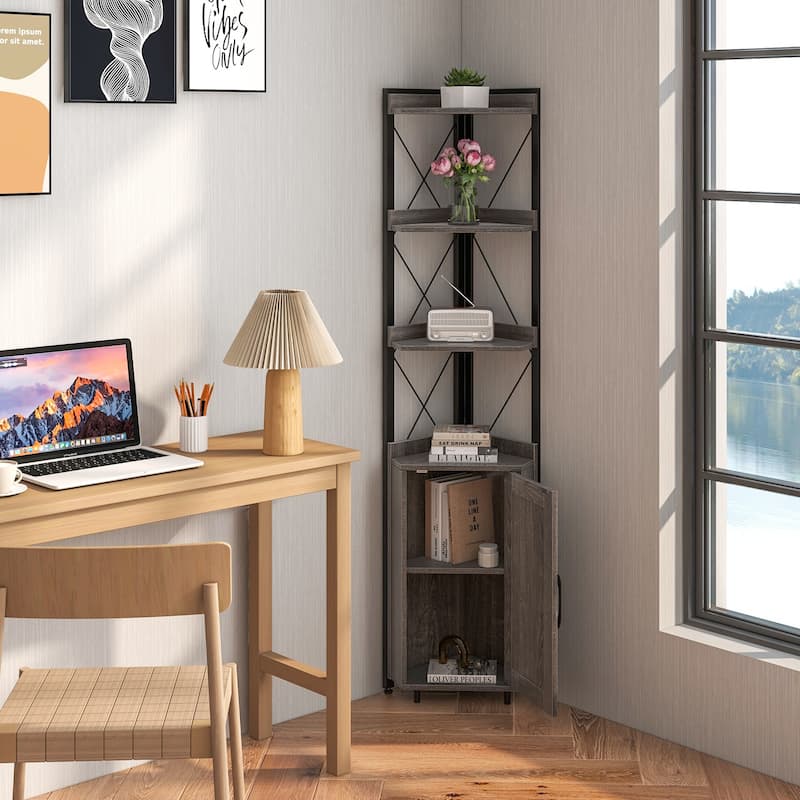Costway 6-Tier Corner Bookshelf with 5-Level Adjustable Shelf & - 19'' x 12.5'' x 71'' (L x W x H)