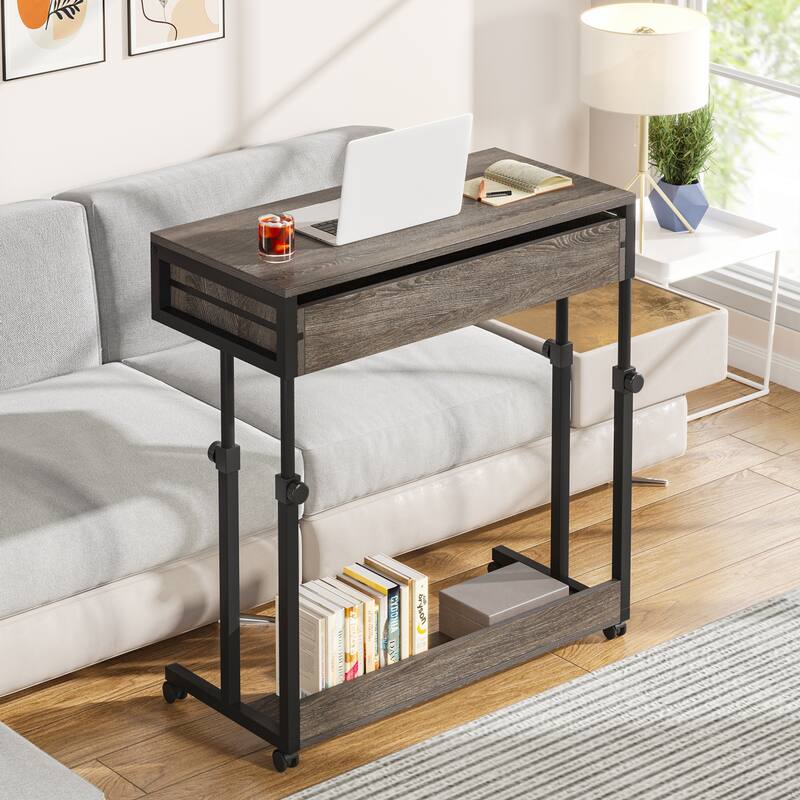Adjustable C Table Portable Desk with Drawers and Wheels, Mobile Couch Desk