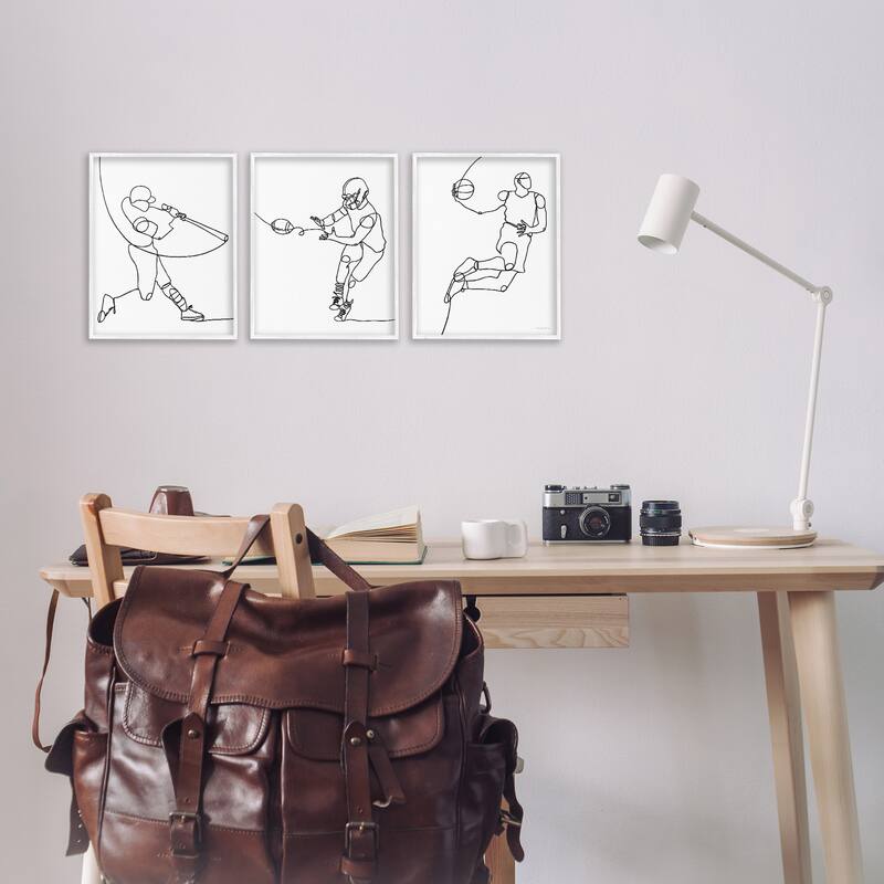 Stupell Simple Line Doodle People Playing Sports Baseball Football Basketball Framed 3 Piece Wall Art - Black