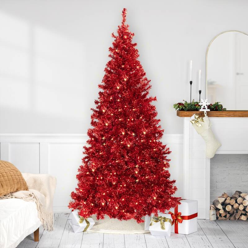 Pre-Lit Artificial Tinsel Christmas Tree - 7' - Red - Clear Lights - 7 Foot