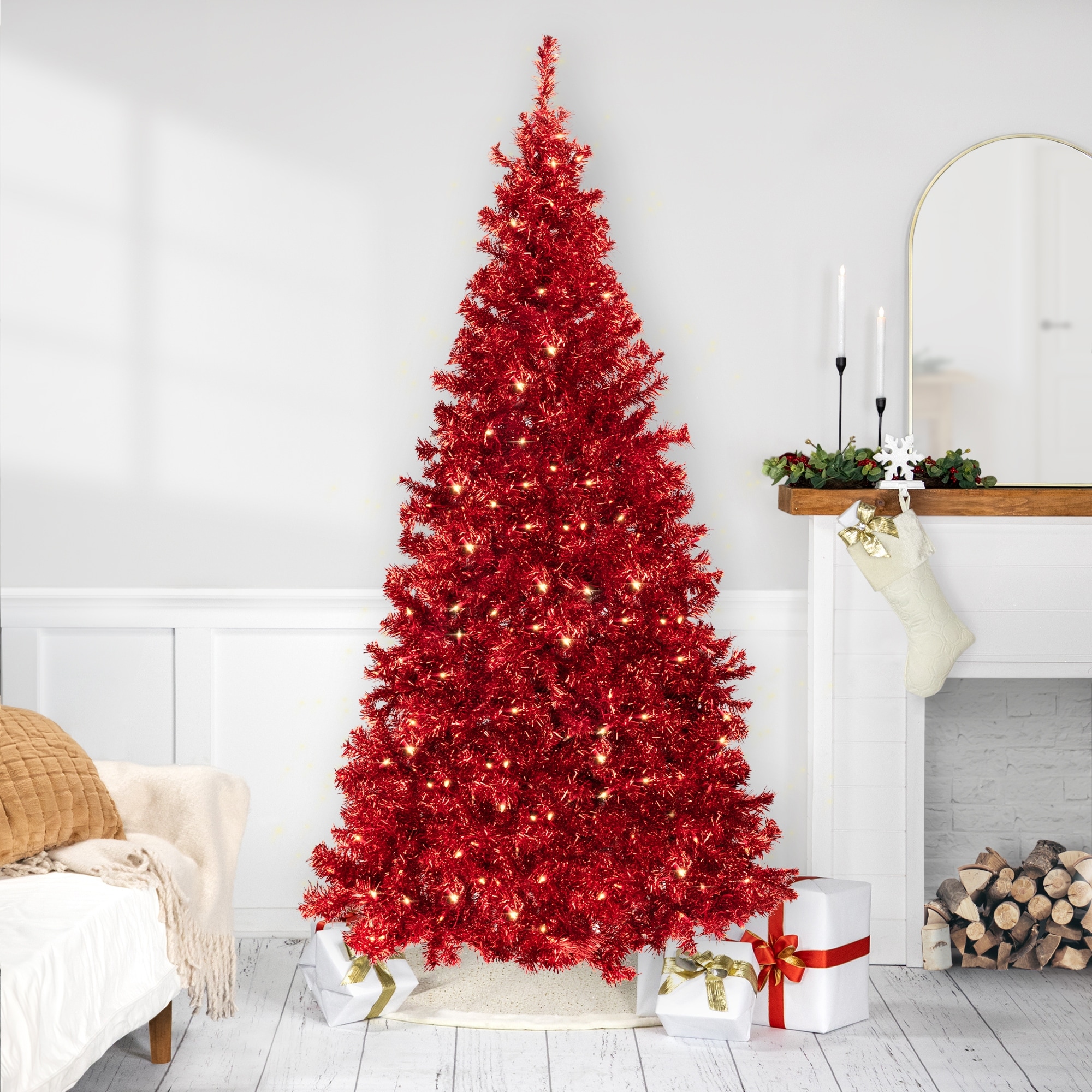 Pre-Lit Artificial Tinsel Christmas Tree - 9' - Red - Clear Lights - 9 Foot