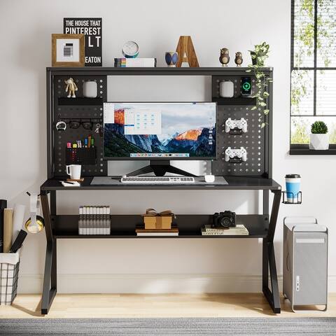 47 inch Computer Gaming Desk with Storage Shelf, Headphone Hook and Cup Holder,Retangular Black Wood