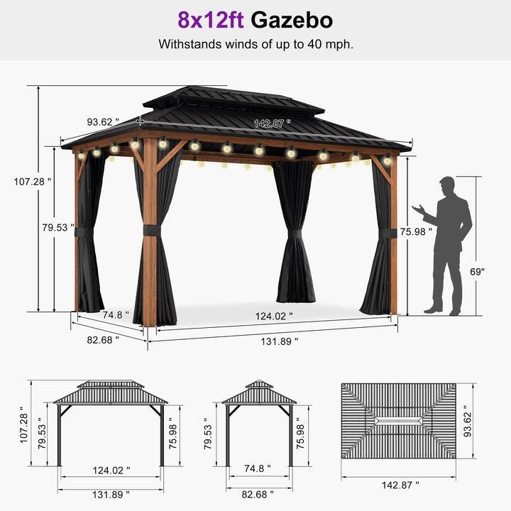 PURPLE LEAF Patio Hardtop Gazebo for Outdoor Wood Grain Aluminum Frame Galvanized Steel Double Roof and Backyard Garden
