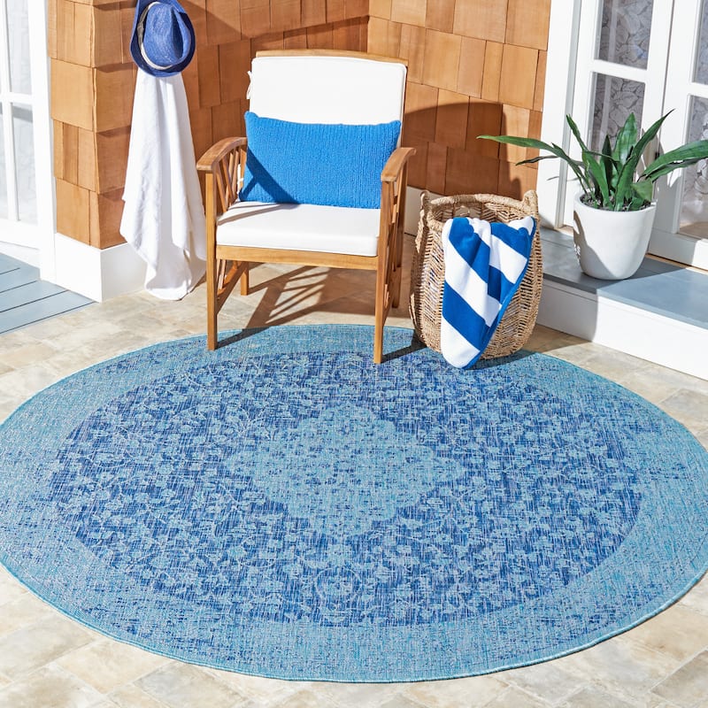 SAFAVIEH Courtyard Boud Indoor/ Outdoor Waterproof Patio Backyard Rug - 6'7" Round - Navy/Aqua