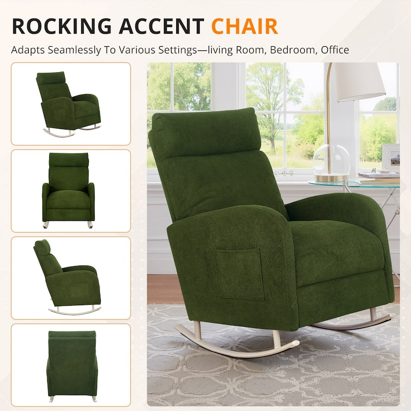 Chenille Nursery Armchair Rocking Chair Set of 1 with Metal Legs with Side Pocket for Living Room