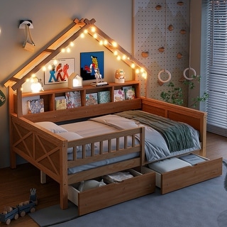 Wood Full Size House Platform Bed with LED Light, Storage Kids Bed with Drawer and Guardrail