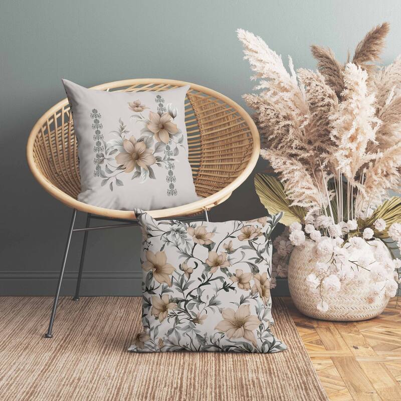 Petal Perfection Indoor/Outdoor Reversible Throw Pillow Grey and Timberwolf