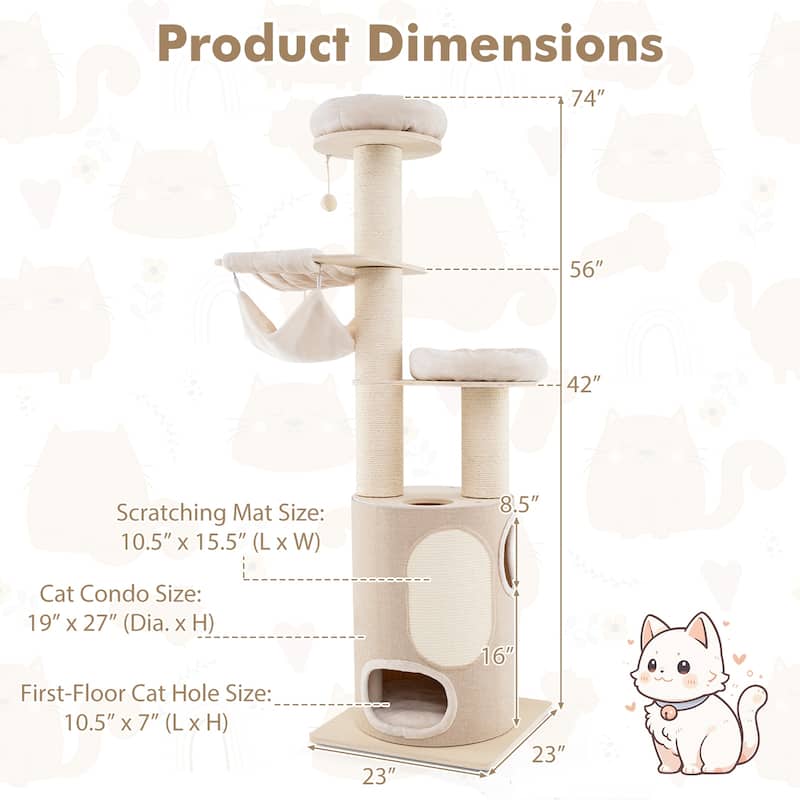 Wooden Cat Tree 74 Inches Tall with 2-Story Condo & Washable Soft Cushions - 23" L x 23" W x 74" H