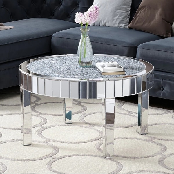 slide 2 of 12, Modern Mirror Glass Round Coffee Table with Crushed Diamond Silver - MDF/Glass