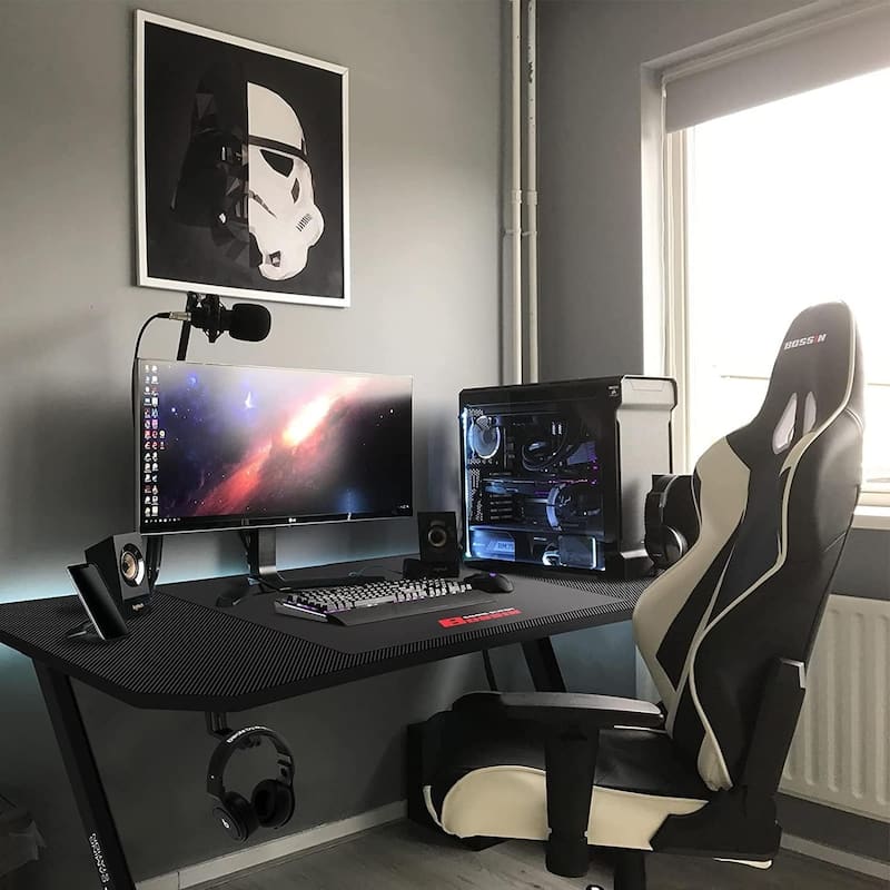 BOSSIN Ergonomic Gaming Desk Z-Shaped Office PC Computer Desk Gamer Tables with Cup Holder and Headphone Hook
