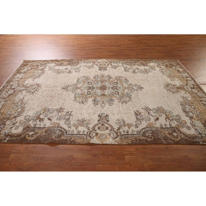 Distressed Sparta Turkish Vintage Rug Hand-Knotted Beige Wool Carpet - 5'11"x 9'1"
