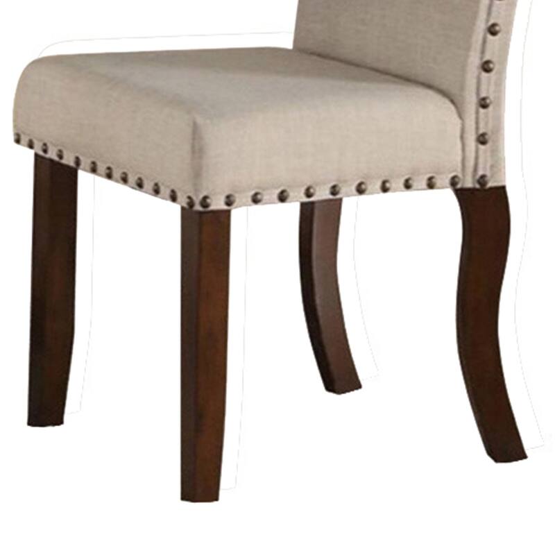 Rubber Wood Dining Chair With Nail Head Trim, Set Of 2, Brown And Cream - 40 H x 23 W x 18 L Inches