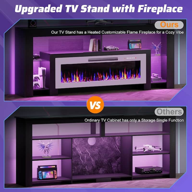 BOSSIN 82" Fireplace TV Stand with 50" Fireplace, Entertainment Center for TVs Up to 90", Console Cabinet With LED Light