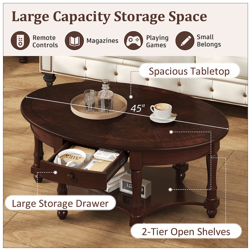 Vintage Oval Coffee Table with Drawer and Storage Shelf