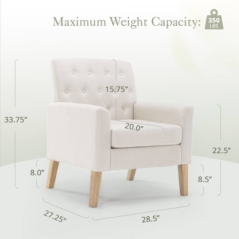 Mid-Century Modern Upholstered Linen Fabric Button Tufted Accent Chair - 28.5 W X 27.25 D X 33.75 H