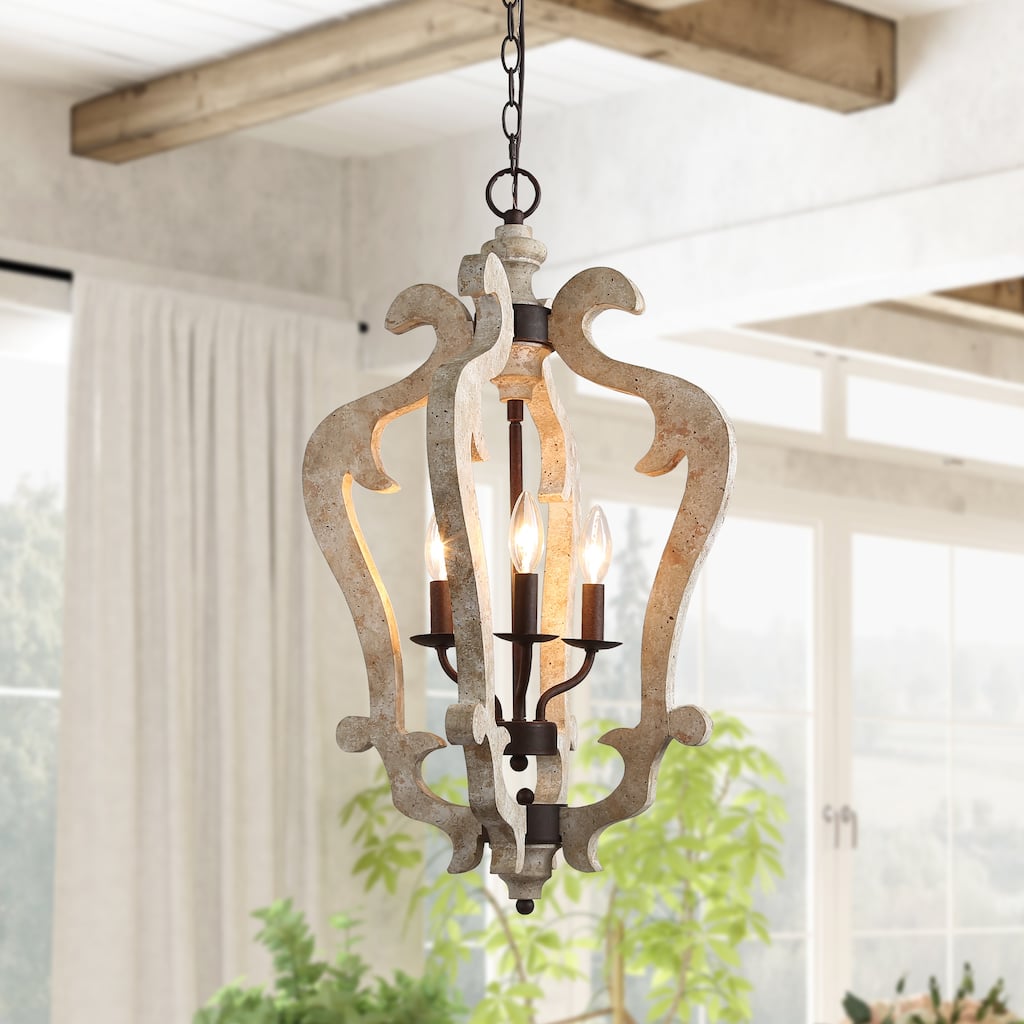 Modern Farmhouse 3-Light Wood Lantern Chandelier for Kitchen Island - W16.5" x H29"