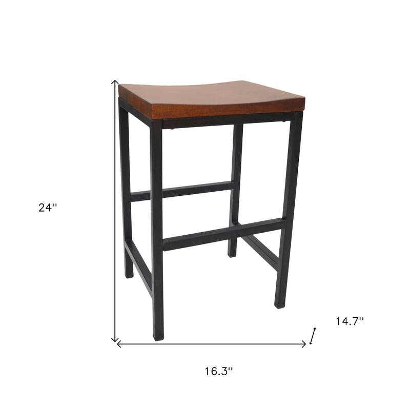 Contemporary Chestnut Swivel Solid Wood Saddle Seat Bar Stool with Footrest and Black Steel Frame