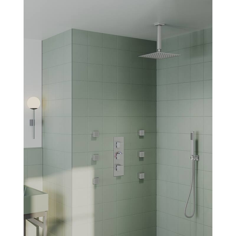 GRANDJOY 12'' Ceiling-Mount Shower System Rainfall Showerhead with Anti-Scald Valve