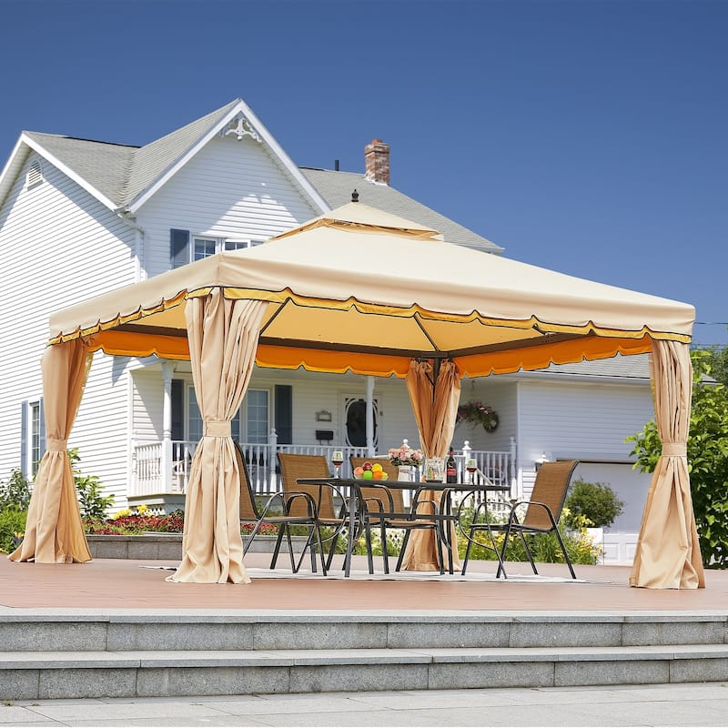 EROMMY Outdoor Canopy Gazebo Double Roof Patio Gazebo with Soft Top, includes Curtains