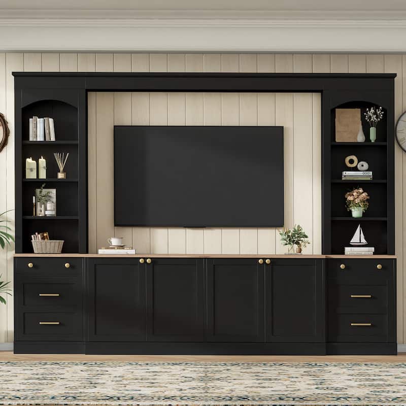 Farmhouse Arched Entertainment Center Wall Unit with Bookshelf,for TVs Up to 70",106"Multi-Functional Media Console with Drawer