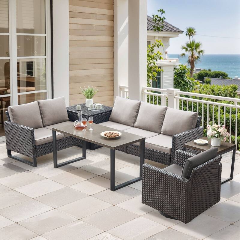 Gymojoy 6 Person Outdoor Patio Wicker Conversation Set Group With Swivel Chairs