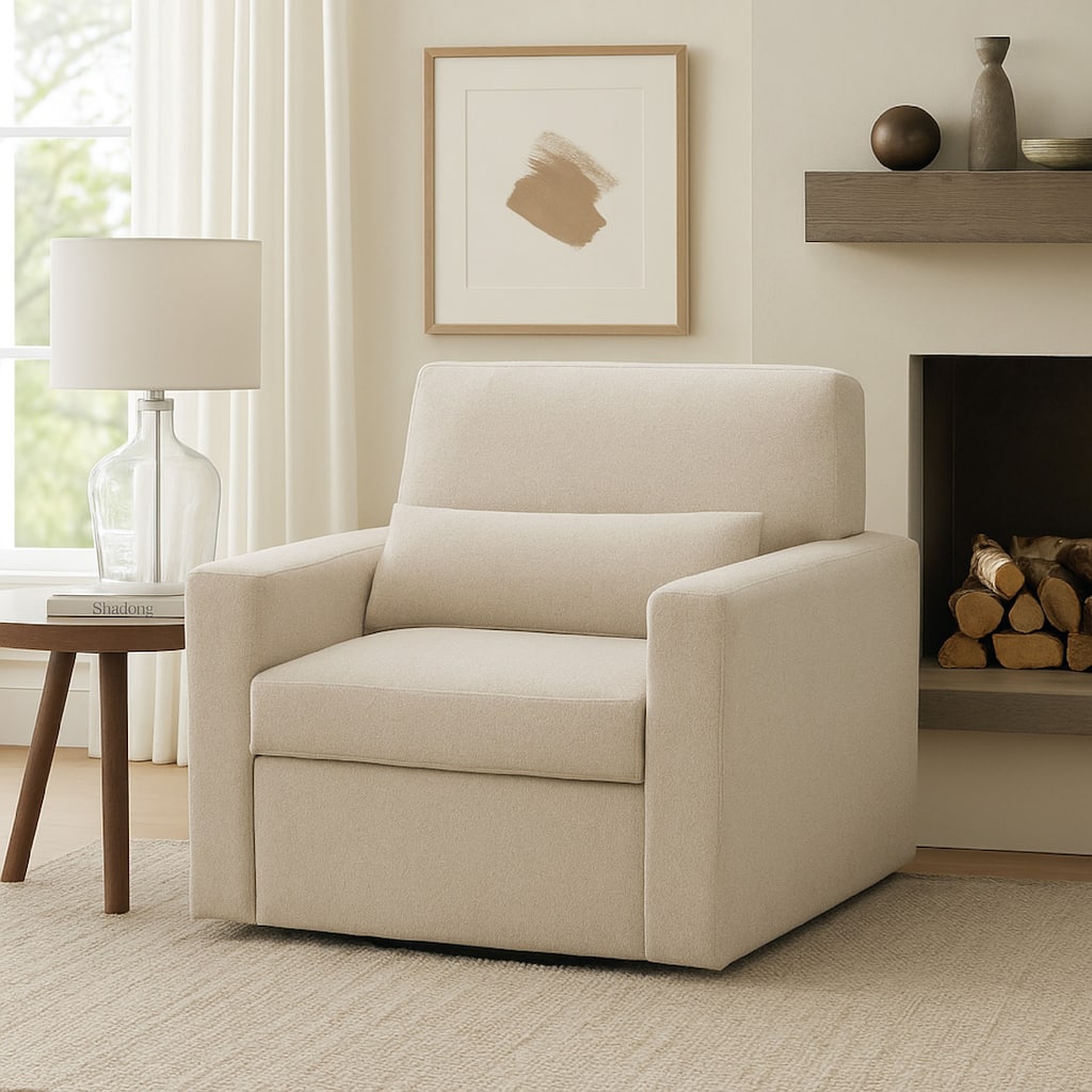 Ompa Swivel Armchair with Lumbar Pillow, Cream Beige Boucle