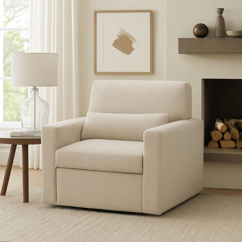 Ompa Swivel Armchair with Lumbar Pillow, Cream Beige Boucle