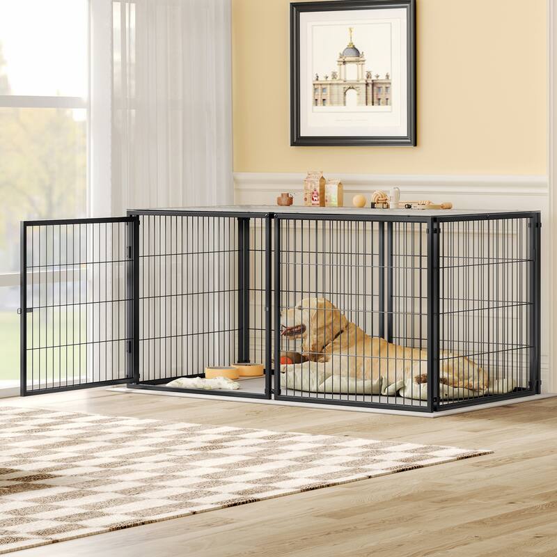 Large Dog Cage, 63.7" Dog Kennel with Top, Pet Cage for Medium Dogs - Black
