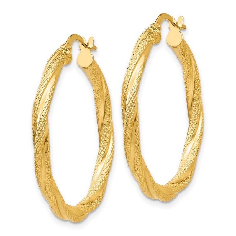 Curata 14k Yellow Gold Twisted Textured 3x32mm Hoop Earrings