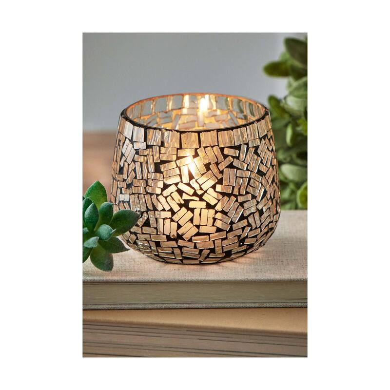 Marin Mosaic Clear Glass Votive Holder Set - Elegant Candle Holders for Tealights and Votives - 4" H x 3.5" W