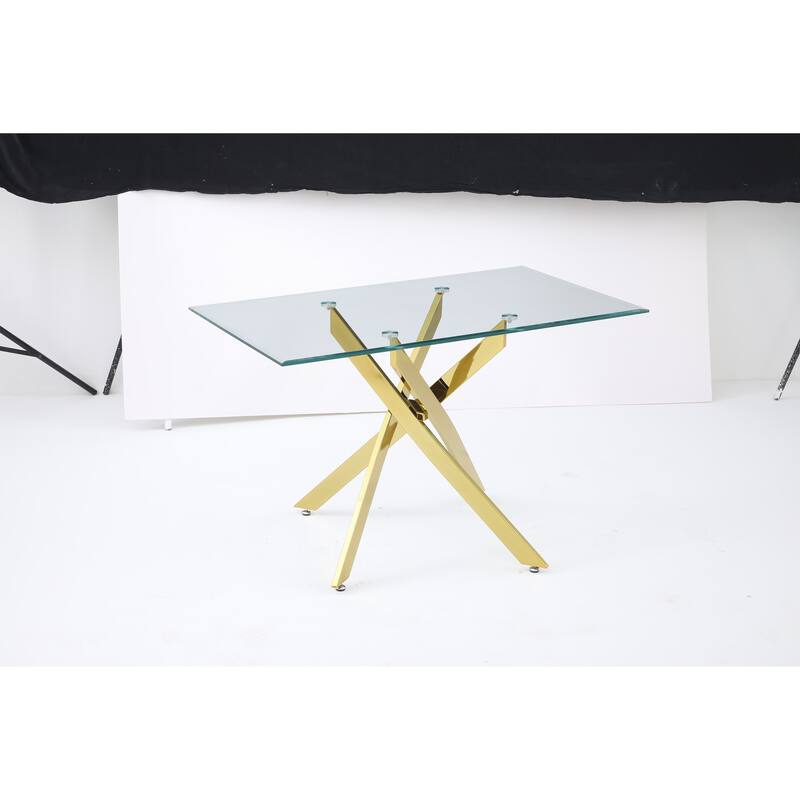 The modern rectangular tempered glass tabletop is paired with a golden iron frame, measuring 47.24 inches in length